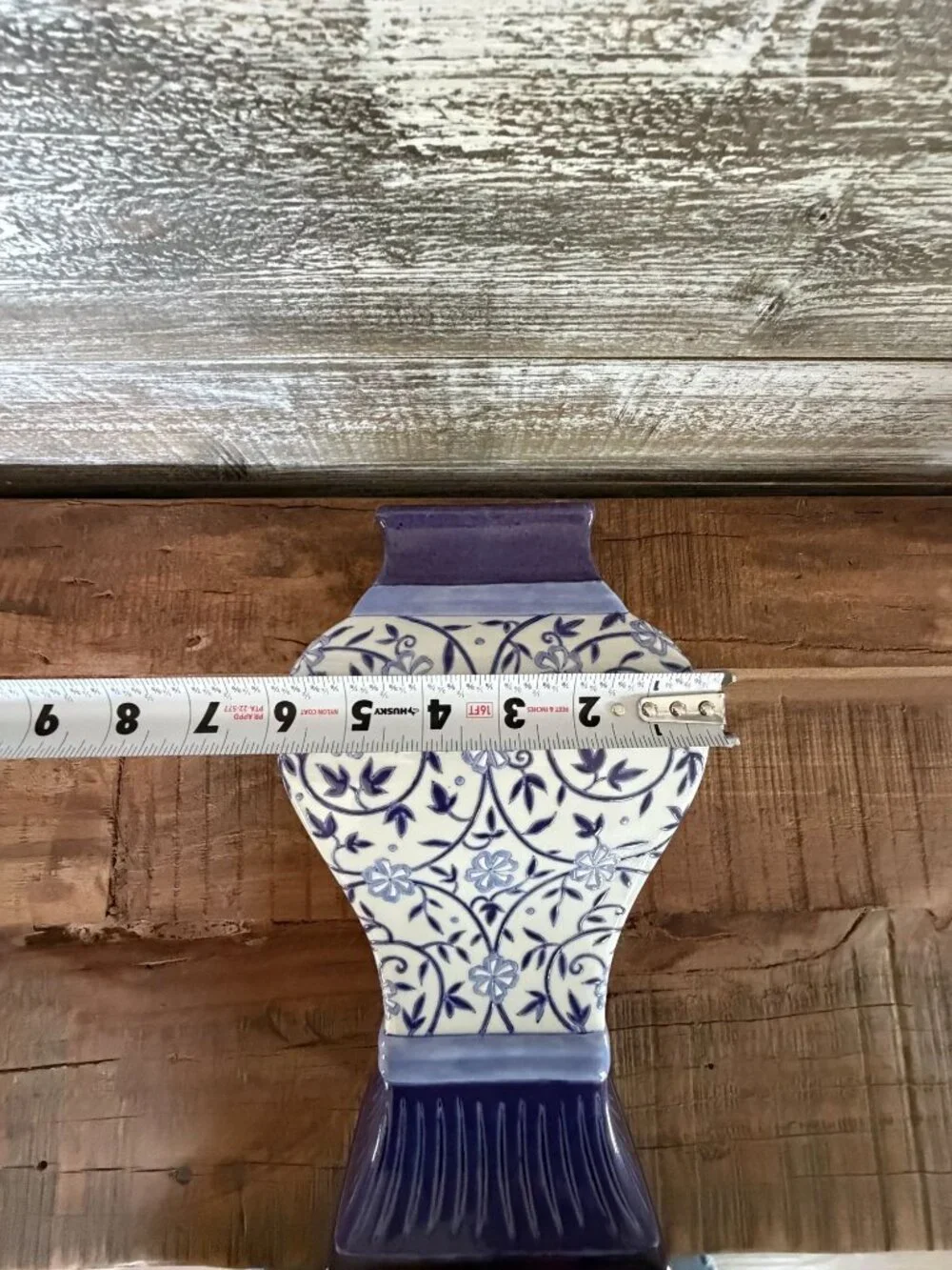 Oriental Accent Vase Chinoiserie Blue White Floral Motif Trellis Pattern Vintage